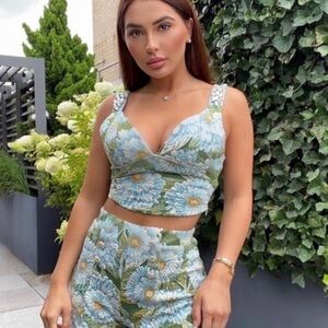 ZARA Jeweled Green Floral Jacquard Corset Crop Top Womens Size Small